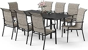 9 Piece Patio Dining Sets for 8, Metal Outdoor Table and Chairs Set with Extendable Rectangular Patio Dining Table and 8 Patio Dining Chairs, Outdoor Dining Set for Backyard Deck Lawn