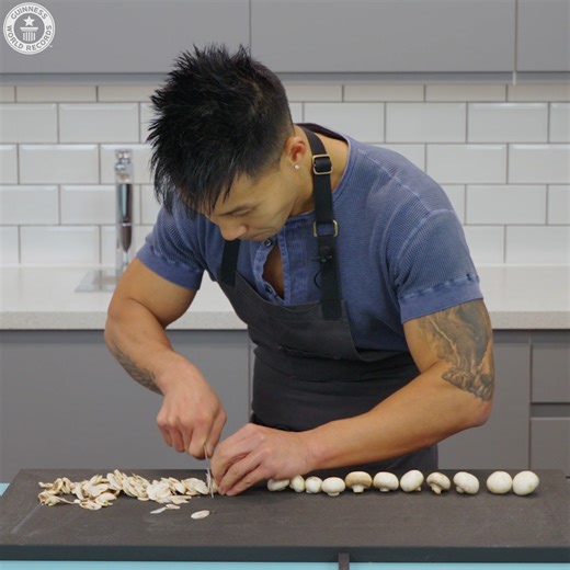 Six Pack Chef Wallace Wong's blindfolded mushroom slice challenge 🍄🔪 | Guinness World Records