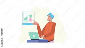 Woman with workflow. Moving banner with young girl with laptop sitting in office.