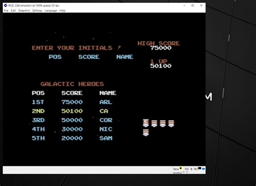 Chad Brevik reached for the stars as he launched a new high score with his latest submission on Atarisoft's Galaga for the Commodore 64 computer. Remarking that the release was a “pretty good port of the [arcade] game,” Chad applied his “man versus alien” skills to clear 8 rounds with a final score of 50,100 points. #galaga #c64 | Twin Galaxies