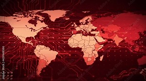 Red Background Futuristic Animation. Abstract World Map with USA territory. Digital dissemination of data across the planet