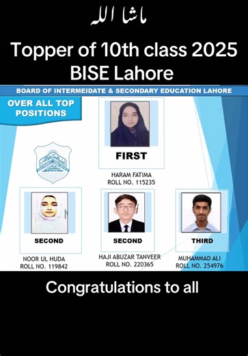 Topper of 10th Class 2025 BISE Lahore Announced