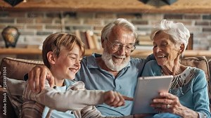 Young grandson teaching elderly grandparents how to use modern tablet technology, bridging generational digital divide in cozy home setting. Child with modern tablet or laptop