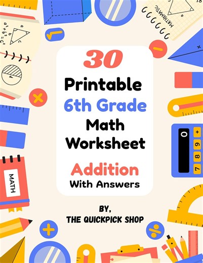 30 Printable 6th Grade Math Worksheets | Addition With Answer Keys | Instant Download PDF - Etsy