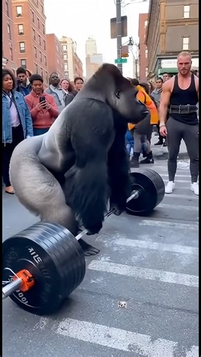 Gorilla Lifts 400KG on City Street… Bodybuilder FROZEN in Disbelief! #reels #viral #fyp #weightlifting Unreal street moment in the heart of an American city! A hyper-realistic gorilla stands calmly beside a 100KG barbell while a professional bodybuilder smirks confidently nearby... Then the gorilla grips it and lifts CLEANLY like it's nothing! 😱 Crowd explodes – shouting, stepping back in panic, phones recording from everywhere. The bodybuilder freezes in total disbelief! Raw urban vibes, natur