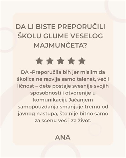 Veselo Majmunče Šabac on Instagram: "Pridruži nam se u prolećno - letnjoj avanturi 😀 Letnja školica glume za sve od 5 - 10 godina. Ako Vaše dete želi da se zabavi bez telefona i video igara, upozna nove drugare ili samo da prevazidje stid i strah od javnog nastupa - onda je ovo prava stvar! Prijavi se putem dm - a ili na mail: veselomajmunce2001@gmail.com do 15.2. i ostvari 30% popusta na celokupan program! Vidimo se! ❤️ sa scene kreće uskoro!"