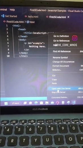 1st Javascript code Save the file & open it in a live server or web browserThen you'll get ur output
