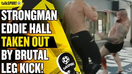 Eddie Hall weighs 350lbs but is taken down by brutal leg kick from world champion