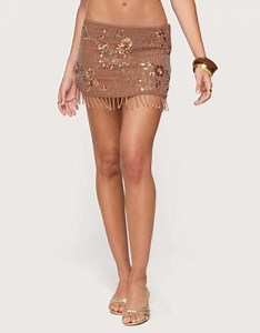 Edikted Sheer sequin bead fringed mini skirt in brown | ASOS