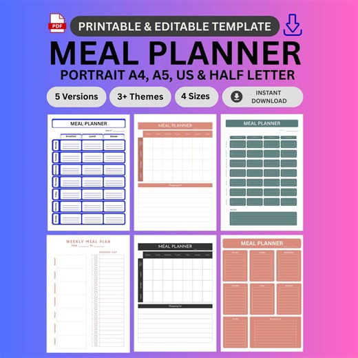 Editable Meal Planner Printable, Weekly Menu Planner With Grocery List & Kitchen Inventory, Canva Template, A4 A5 Letter, Digital Download - Etsy UK