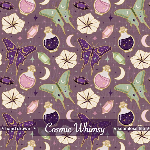 Luna Moth Celestial Seamless Pattern Hand Drawn PNG Midnight Apothecary Crystal Potion Floral Witchy Digital Paper Surface Design Mauve - Etsy
