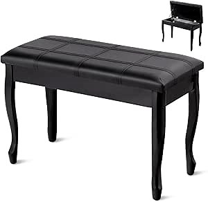 OFFICEJOY Piano Bench, Solid Wood Keyboard Bench with Storage Compartment, Exquisite Legs & Thick Cushion, Classical Elegant Piano Stool Duet Seat for Home, 14’’ D x 29.5’’ W x 19.5’’ H (Black)