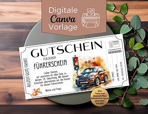 Gutschein Führerschein Vorlage zum Ausdrucken | Geschenkgutschein Fahrstunden Auto | Gutscheinvorlage Fahrschule zum Gestalten - Etsy.de