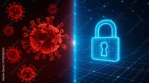 Conceptual image illustrating cybersecurity and health, with a virus symbol on one side and a digital lock on the other.