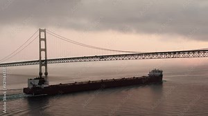 MV Paul R. Tregurtha vessel passing under Mackinac Bridge at sunset