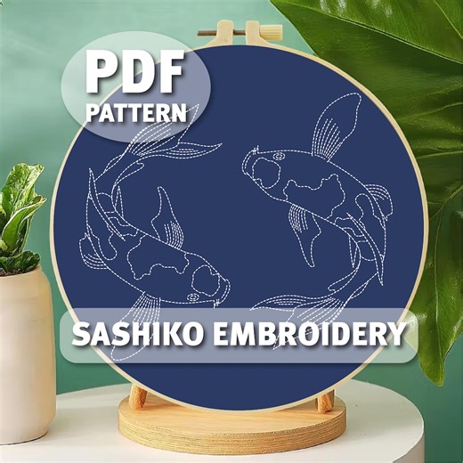 Motif sashiko poissons koi - motif de broderie japonaise (téléchargement PDF, 9 tailles inclus) broderie à la main - Etsy France
