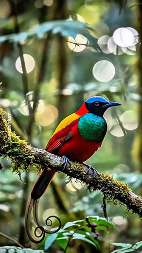 A vibrant spectacle of nature’s artistry! This stunning bird is a masterpiece of color, from its deep sapphire crown and emerald-scaled chest to its fiery crimson body and golden wing accents. Its most striking feature—the long, elegant tail feathers that curl into delicate spirals—truly sets it apart as a unique wonder of the wild. Nature never ceases to amaze with such intricate details and bold brilliance. Finding beauty in the unexpected! 🌿🐦 Disclaimer: This image is created using Artifici