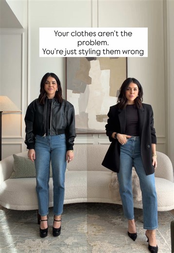 Same jeans. Same black too. Completely different outfit. Here’s what changed -> ✨defined the waist: instead of a bulky jacket cutting my shape, I switched to a structured blazer ✨improved proportions: the cropped leather jacket heavy shoes made the look feel boxier. The long blazer created a vertical line that lengthens everything. ✨changed the shoes: chunky platform heels -> sleek pointed pumps. Pointed toes instantly make the legs look longer ✨refined layers: a simple fitted top under a blazer