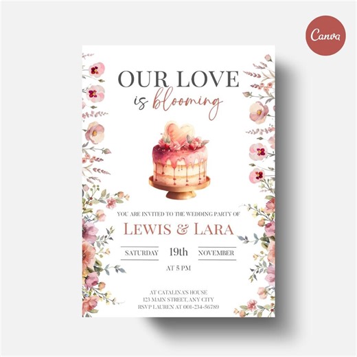 Floral Wedding Invitation Template, Romantic Wedding Party Invitation With Cake Illustration, Printable 5x7 & Phone Invite - Etsy