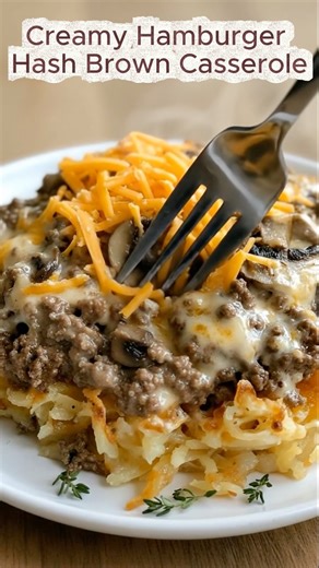 Creamy Hamburger Hash Brown Casserole Savory ground beef, crispy hash browns, and a creamy cheesy base make this casserole the ultimate stick-to-your-ribs comfort food. Ingredients: 1 lb ground beef 1 small onion, chopped 1 can (10.5 oz) cream of mushroom soup 1/2 cup sour cream 2 cups frozen hash brown potatoes, thawed 1 1/2 cups shredded cheddar cheese, divided Salt and pepper, to taste Cooking spray Instructions: Preheat oven to 375°F (190°C). Spray a 9x13-inch baking dish with cooking spray.