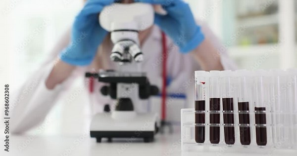 Laboratory technician analyzes blood samples using a microscope in a medical lab