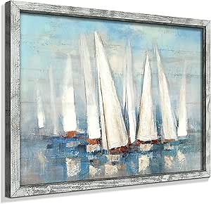 Seascape Framed Painting Wall Art: Abstract Ocean Artwork Coastal Picture Sailboat Prints on Wood in Modern Style for Home Decor 16"x12"