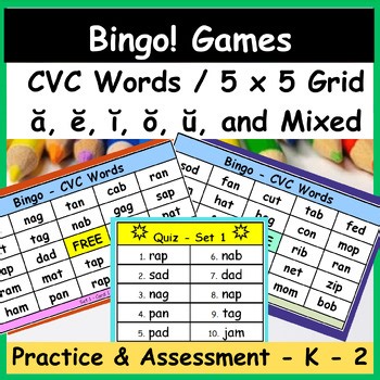 Bingo! – 5 x 5 - CVC Words – Real Words – Student Quizzes - K – 2