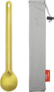 TiTo Titanium Long Handle Spork and Spoon Eco-Friendly Ultralight Portabale Flatware for Outdoor Camping Backpacking Hiking Travel Picnic Tableware with Bag (Bright Golden Spoon)