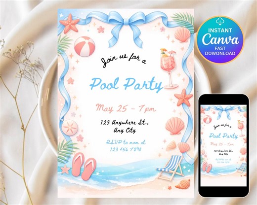 Pool Party Birthday Invitation, Any Age Summer Birthday Party Template - Etsy