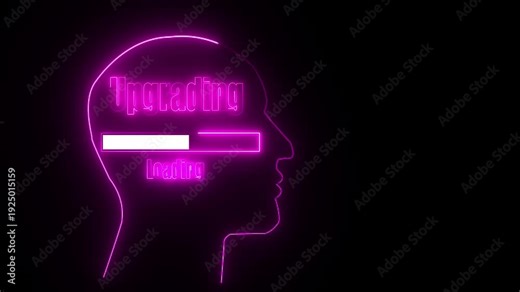 Neon pink outline of a human head profile with " Upgrading" and " Loading" text and a progress bar inside on a black background
