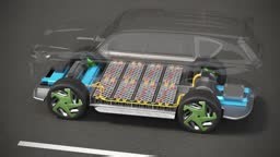 The video shows a cutaway view of an electric car, revealing the...