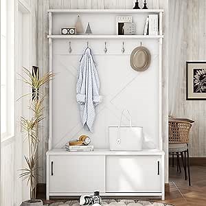 Multi-Functional Hall Tree with Entryway Bench and Sliding Storage Shoe, 4-in-1 Hallway Coat Rack w/5 Hanging Hooks and Top Shelf, for Entryways Living Room, White