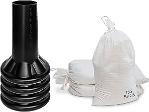 Sandbag Filler Tool with 14 x 26 Polypropylene White Sand bags - Durable Sand Funnel, Sand Bag Filler Funnel for All Industries, Sand Bag Filler Stand, Sand Bag Filler Tool - 4 Funnels, 150 Sandbags