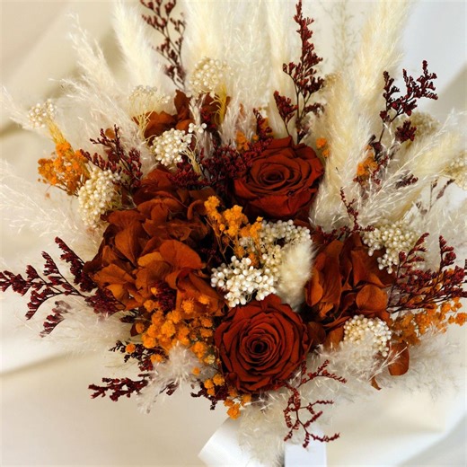 Red Orange Preserved Flower Bridal Bouquet With Dried Flowers for Rustic Wedding Details - Etsy