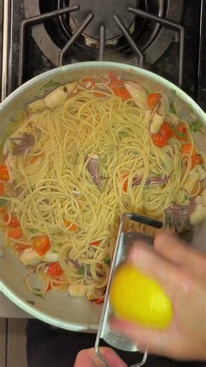 Spaghetti with Grilled Squid, Cherry Tomatoes & Basil
