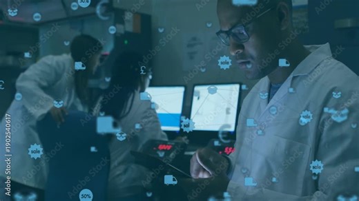 Lab tech tapping tablet triggers floating icons, team pointing at monitors conducting data review