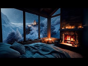 Crackling Fireplace 4K in a Cozy Cabin and Snowfall Sounds outside for Relax | Winter Night Ambience