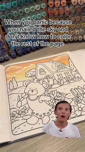 Panic mode activated! I like the sky so much that I don’t know how to start with the rest of the page because I don’t want to mess up 🫣🤦🏼‍♀️ #ohuhu #panic #coloring