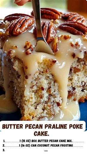 3.9K views · 12 reactions | A super moist butter pecan cake soaked in a rich, buttery praline sauce. This easy and decadent dessert is packed with pecan flavor and is perfect for any occasion! #ButterPecanCake #PralineCake #PokeCake #SouthernDessert #CakeRecipe #DessertRecipe #HomemadeCake #PecanLover #ComfortFood #SweetTreats #EasyBaking #GooeyCake | Recipes all time | Facebook