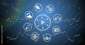 Animation of interconnected icons representing various business tools and processes