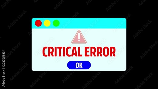 Critical error message pop up window animation on transparent background, warning alert sign with critical error text animated.