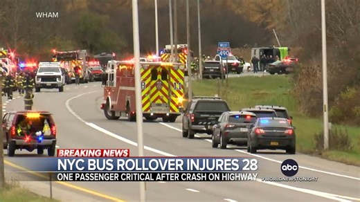 69K views · 752 reactions | A tour bus making its way to Niagra Falls from New York City overturned on a highway in Upstate New York, injuring 28 people, including one critically. The driver is facing multiple vehicle and traffic tickets, including fatigued driving. Trevor Ault has more. https://trib.al/voU0Ohw | ABC World News Tonight with David Muir | Facebook