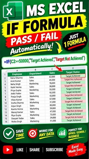 Excel IF Formula | Target Achieved or Not #exceltips #excel #exceltutorial #shorts