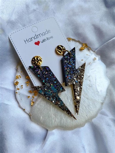 Lightning Bolt Earrings in Resin and Gold and Grey Glitter - Etsy