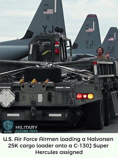 U.S. Air Force Airmen loading a Halvorsen 25K cargo loader onto a C-130J Super Hercules