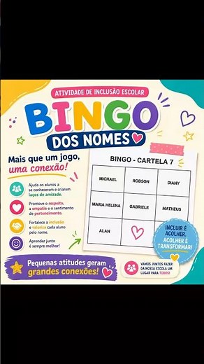 Bingo com os nomes/atividade para inclusão escolar #atividadeescolar #inclusão