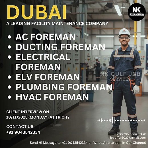 Dubai Facility Maintenance Jobs 🇦🇪 | Chargehand & Foreman Vacancies | Interview in Trichy