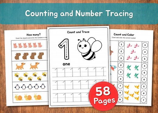Counting and Number Tracing Worksheets for Preschool | Early Math Learning for Kids Ages 2-4 | 58 Printable Activities - Etsy