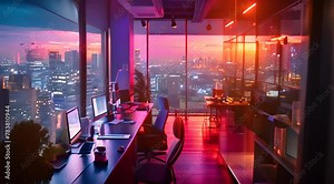 A high-tech office space designed with 80s retro-futurism, neon lights, and vintage computers
