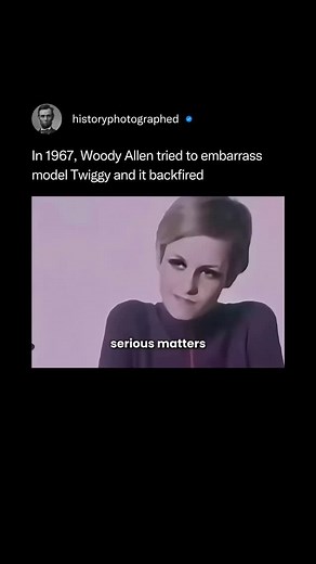 History Photographed on Instagram: "In a 1967 television special, Woody Allen tried to embarrass 17-year-old model Twiggy by demanding she name her favorite philosopher, but the stunt backfired when she calmly asked him the same question. ⁠ ⁠ Allen, unable to name a single philosopher himself, was left flustered and exposed while Twiggy maintained her composure."